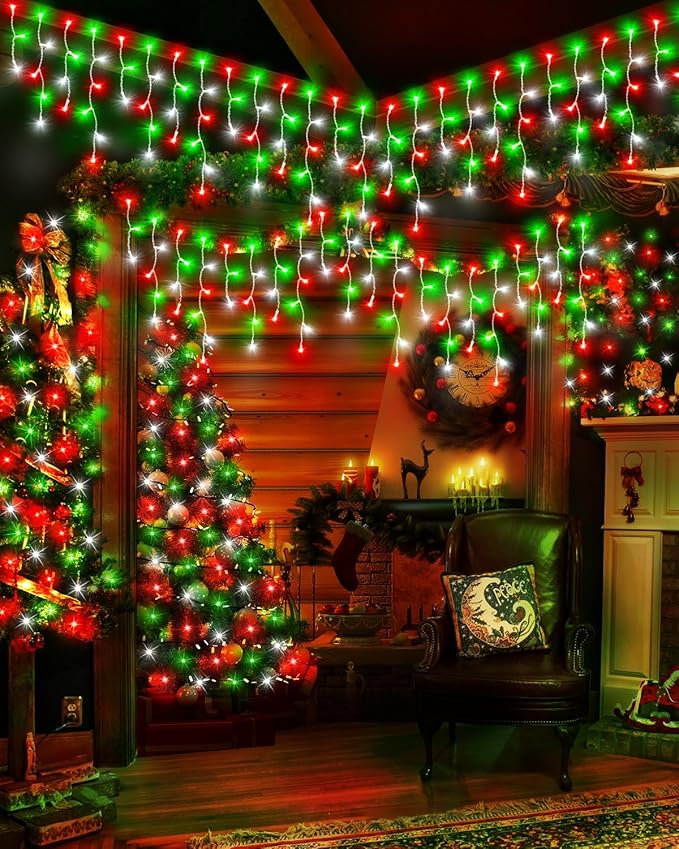 2 Pack 53FT 486 LED Christmas Lights Outdoor, Plug in Waterproof Christmas Lights for Outside, Timer & Memory, 8 Modes Hanging Fairy Lights for House Eaves Yard Patio Red Green and Cool White