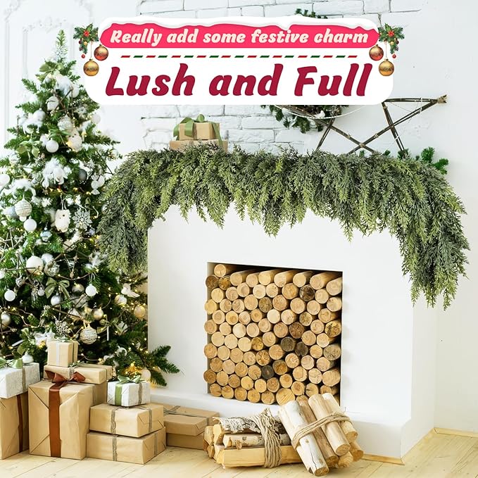 kuaima Christmas Cedar Garland, 6 FT Artificial Realistic Winter Evergreen Greenery Cypress Garland Real Touch for Indoor Outdoor Xmas Decoration, 1 Pcs