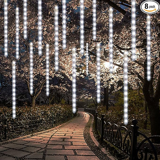 24 Tubes Meteor Shower Lights, Outdoor Icicles Christmas Decor, 12 Inch 864 LED Snow Falling Connectable Raindrop Lights, Xmas Wedding Party Tree Holiday Decoration, White