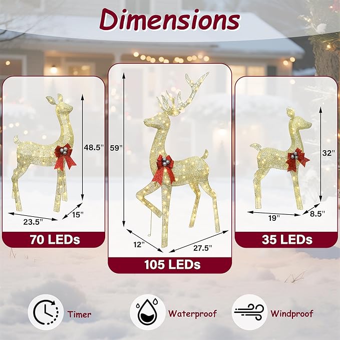 winemana 5ft Reindeer Christmas Outdoor Decorations, Set of 3 Extra Large Deer Yard Decor- Lighted 3D Reindeer Family Set for Outside Lawn Garden Xmas Holiday Party Decor (Gold)