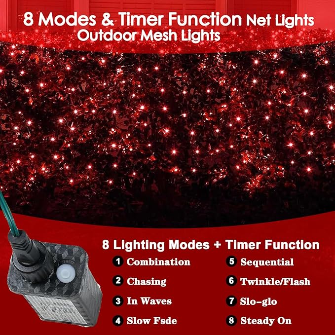 Christmas Net Lights Outdoor for Bushes, 6x5ft 120LED Net Light Outdoor Mesh Lights, Connectable Waterproof Net Light for Bushes,Garden,Yard,Trunk,Xmas Tree,Christmas Décor (Red)