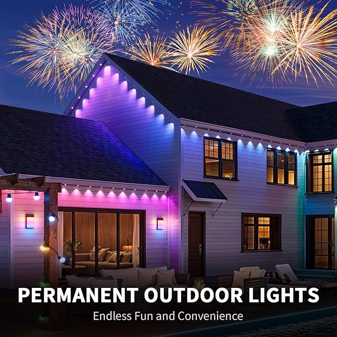 Permanent Outdoor Lights for House, 100ft RGB+IC House Eave Lights, 50 Scene Modes, App/Remote Control, IP68 Waterproof, Smart Outdoor Light for Christmas, Halloween, Party Decor, House Roof Lighting