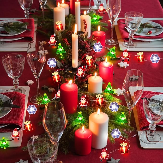 Battery Operated Christmas Lights 12FT 32 LED Snowflakes Christmas Tree Santa Clause Gift Box Xmas String Lights, Holiday Fairy Lights for Tree Decorations Table Home Indoor Holiday Decor