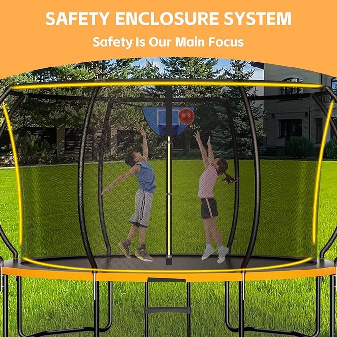 8FT 10FT 12FT 14FT 16FT Trampoline Outdoor, Trampolines for Kids & Adults, Pumpkin Trampolines with Safety Net, Ladder, Coating Metal Frame, ASTM Approved Large Backyard Trampoline for Kids