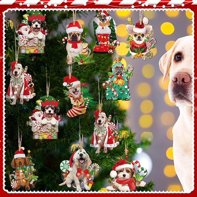 Qunclay 36 Pcs Dog Christmas Tree Ornaments Wooden Dog Christmas Tree Decorations Rustic Xmas Puppy Hanging Ornament Decorative Puppy Wood Pendants for Home Fireplace Holiday Xmas Party Decor