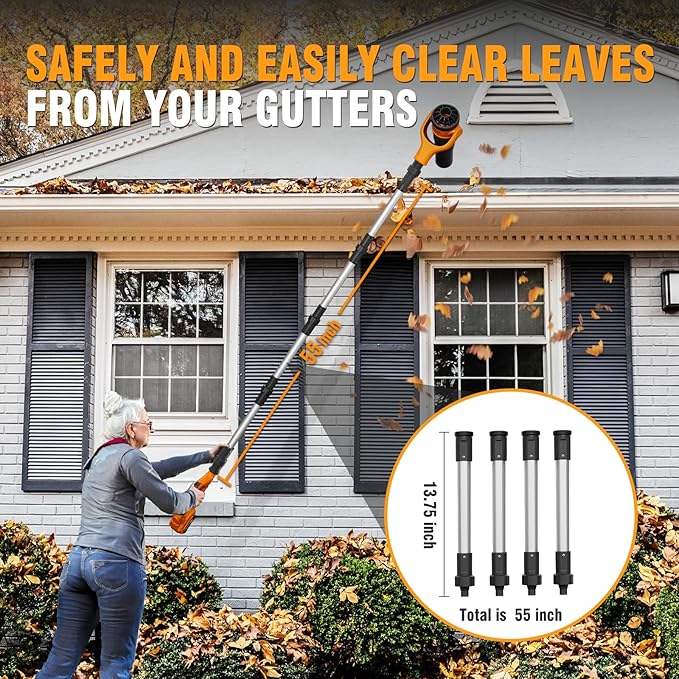 Roof Gutter Cleaning from The Ground, 40V Leaf Blowers Cordless, 580CFM/180MPH with 2 Batteries and Charger, Brushless 2-Speed Motor for Gutter Cleaning Extension Attachment Kit for Garden,House