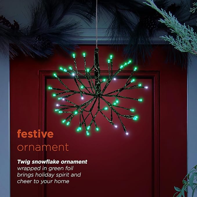 Alpine Corporation 10"H Indoor Christmas Twig 3D Hanging Snowflake Ornament with LED Lights, Green , Christmas Decoration