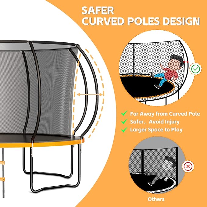 8FT 10FT 12FT 14FT 16FT Trampoline Outdoor, Trampolines for Kids & Adults, Pumpkin Trampolines with Safety Net, Ladder, Coating Metal Frame, ASTM Approved Large Backyard Trampoline for Kids