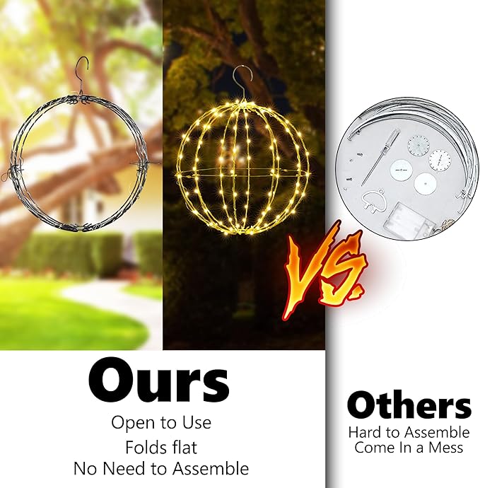 Joomer Battery Operated Ball Lights 2Pack, 13IN & 11IN 120 LED Foldable Metal Sphere Lights, Waterproof 8 Lighting Modes with Timer Function, Hanging Light for Christmas Decorations (Warm White)