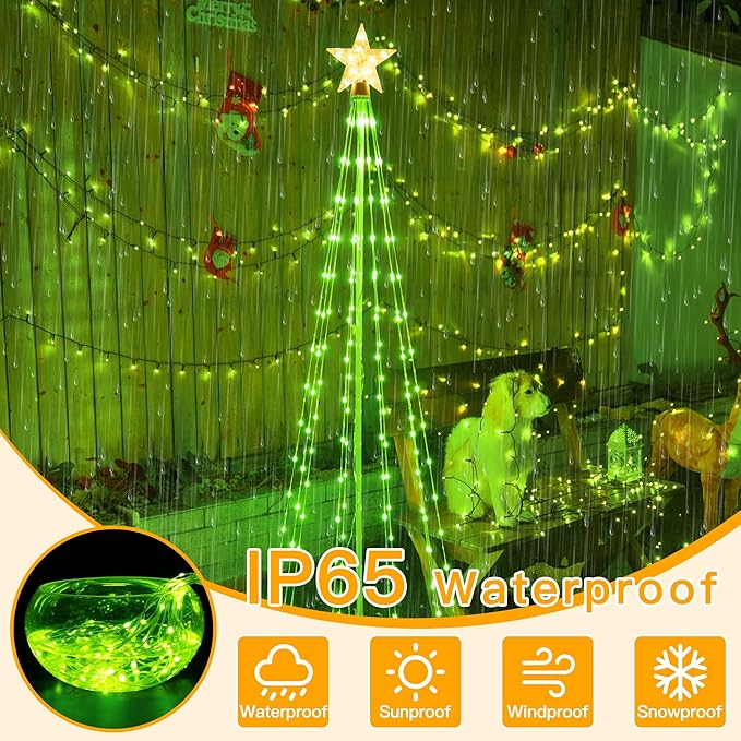 Ollny Christmas Tree Lights, 6FT 170 LED Warm White and Green Outdoor String Lights 8 Modes Timer Function IP65 Waterproof Star Light for Indoor Outside House Yard Xmas Decorations