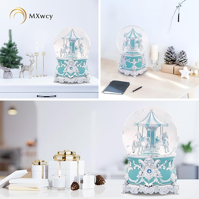 Carousel Music Box Silver Mint Christmas Snow Globes, 7.1" Glass Rotate Carousel Snow Globe for Kids & Adults, Classic Wind up Musical Snow Globe Birthday Gifts, Carousel Horse Home Decor