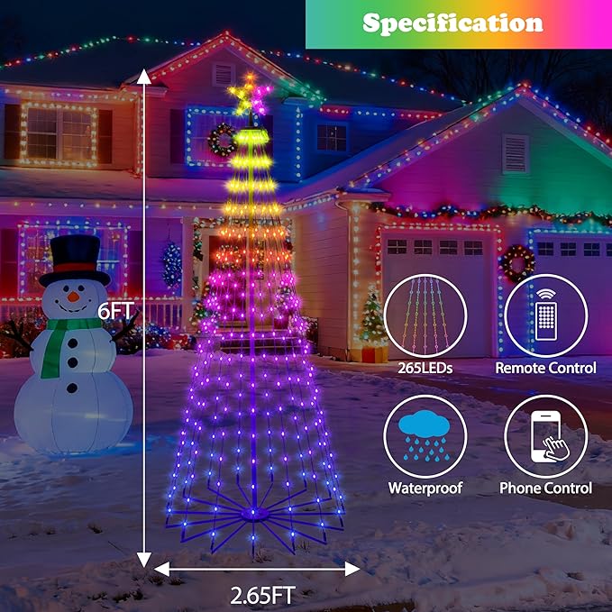 6FT Lighted Outdoor Christmas Tree, 265 LED Smart Cone Tree, Music Sync RGB Fairy Lights, LED Light Show, APP and Remote Control, Timer Function, Perfect for Outdoor Christmas Decorations