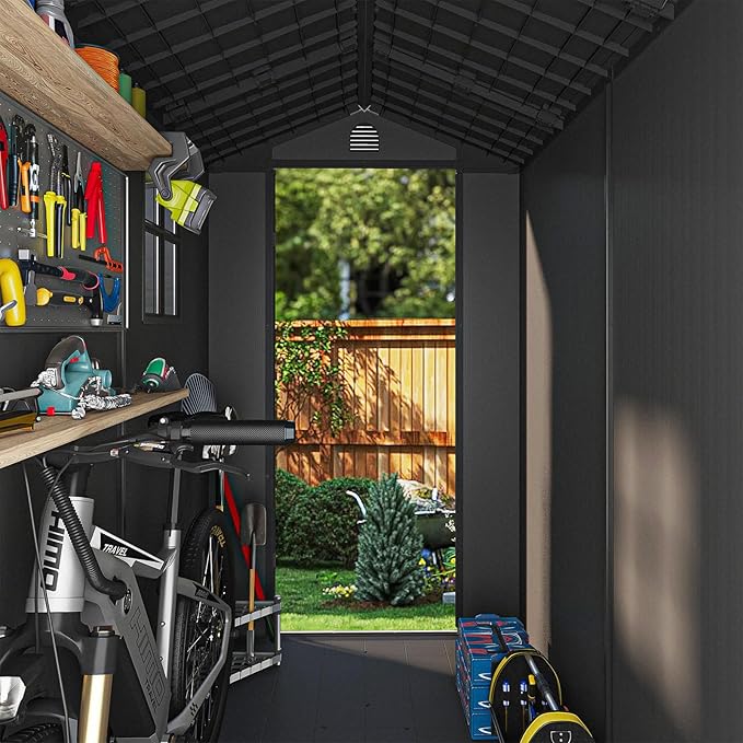 Patiowell 4 x 8 FT Plastic Outdoor Storage Shed with Floor, Garden Tool Shed with Two Windows and Single Lockable Door for Garden, Backyard, Lawn, Easy to Install (Deep Grey) (Fit-it Shed)