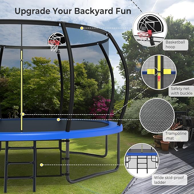 Lyromix 12 14 15 16FT Outdoor Trampolines for Kids and Adults, Pumpkin Trampolin with Curved Poles, Recreational Trampolin with Basketball Hoop and Safety Enclosure Net for Kids and Adults
