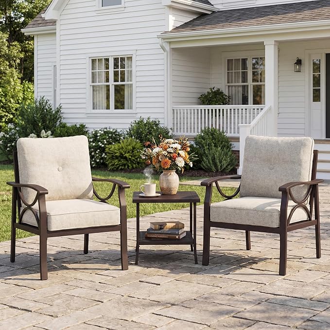 Outdoor Patio Furniture Set, 3 Pieces Metal Patio Conversation Set with Side Table for Porch Backyard Garden, Khaki