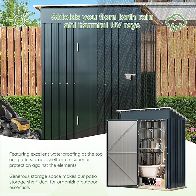 Breezz 5x3FT Vertical Outdoor Steel Storage Shed, Lockable Doors, Compact Metal Tool Shed for Garden, Backyard, Patio, Utility, and Bike Storage