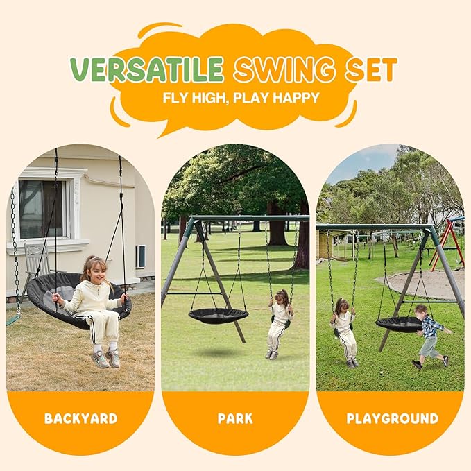 700 lbs Swing Set Outdoor for Kids with Saucer Swing and Belt Swing, Metal Swingset with 3 Frame Stand and Adjustable Rope, Heavy Duty 8FT Sets for Backyard Playground, Ages 3+