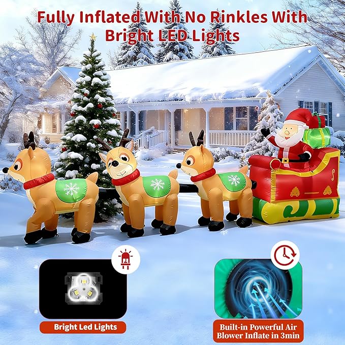 12FT Christmas Inflatables Outdoor Decorations, Santa Claus on Sleigh with 3 Reindeers,Reindeers Pulling Santa's Sleigh with Gift Boxes, Built in LED Lights for Christmas Party Decor, Yard,Garden Lawn