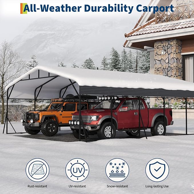 Metal Carport, 20x25 FT Outdoor Carport Canopy with Reinforced Base and Galvanized Steel Roof, Heavy Duty Garage Car Shelter Shade for SUV, Truck, Boats