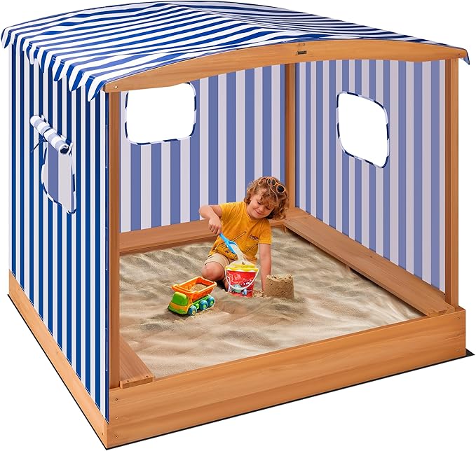 VIVOHOME 58x48in Wood Sandbox with Detachable UV-Blocking Canopy & Ventilation Windows, Spacious Outdoor Play Area with 3 Sturdy Benches, Bottomless Drainage Design for Kids 3+