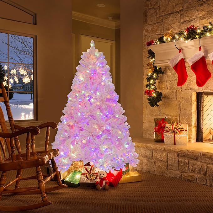 GOFLAME 6FT Pre-Lit Artificial Christmas Tree Snow Flocked, Hinged Xmas Tree with 808 PVC Branch Tips, 350 LED Lights & 8 Lighting Modes, Holiday Decoration Tree for Home, Office, Party, Pink