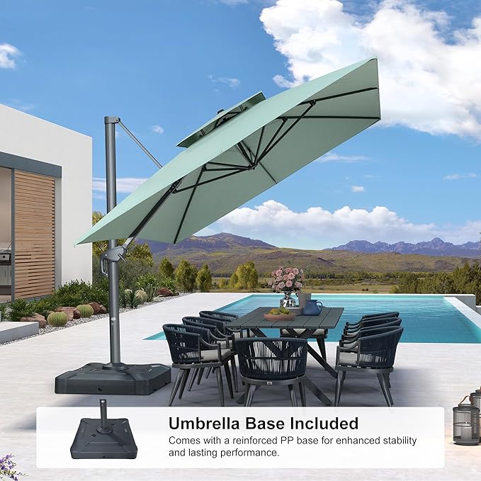 PURPLE LEAF 10' x 13' Cantilever Patio Umbrella Outdoor Umbrella with 330lbs Base Large Rectangular Windproof Offset Umbrella for Pool Deck Garden, Mint Green