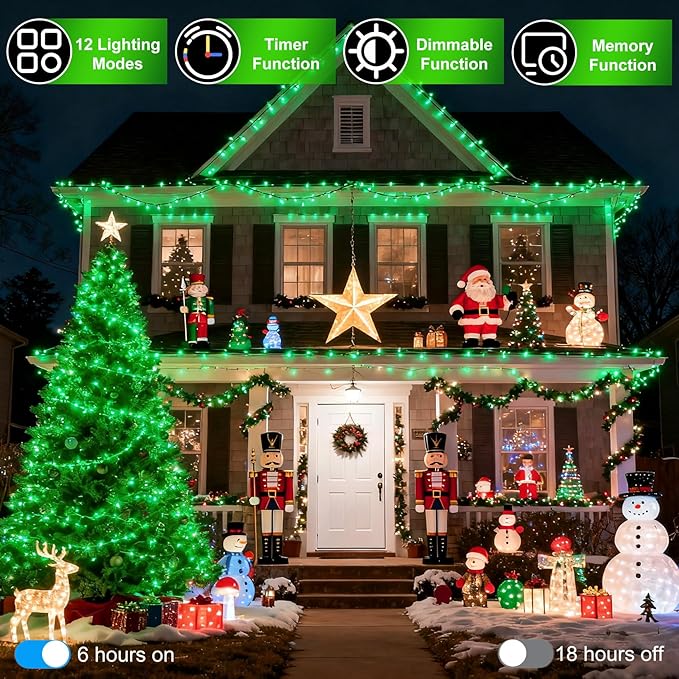750 LED 240FT Christmas String Lights Outdoor, 12 Pro Modes and Timer Memory & Brightness, Plug in Waterproof Dark Green Wire Twinkle Light for for Xmas Yard Tree Wedding Party Decor (Green)