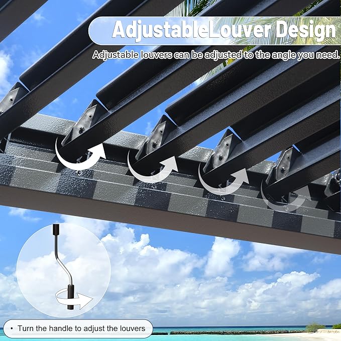 10’ x 13’ Louvered Pergola, Outdoor Pergola Aluminum Frame with Adjustable Rainproof Metal Roof, Permanent Sun Shade with Drainage System for Backyard, Garden and Lawn (Grey)