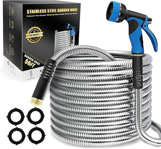 Lefree 50ft Metal Garden Hose - Heavy Duty 304 Stainless Steel Flexible Water Hose, No Kinks & Leak-Proof with Upgraded Handle, 10-Function Spray Nozzle & 4 Spare Gaskets for Yard, RV, Pet Bath