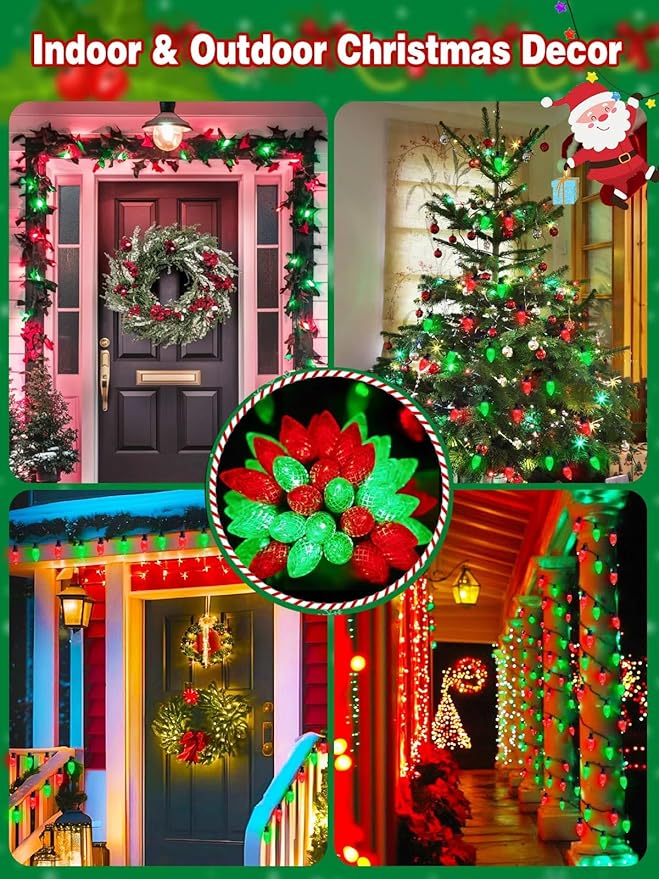 2 Pack 66FT 100LED Extendable C9 Christmas Lights Outdoor/Indoor, Waterproof Christmas String Lights Plug in, Green Wire LED Fairy Lights for Xmas Tree Garden Patio Wedding Party Decor (Red and Green)