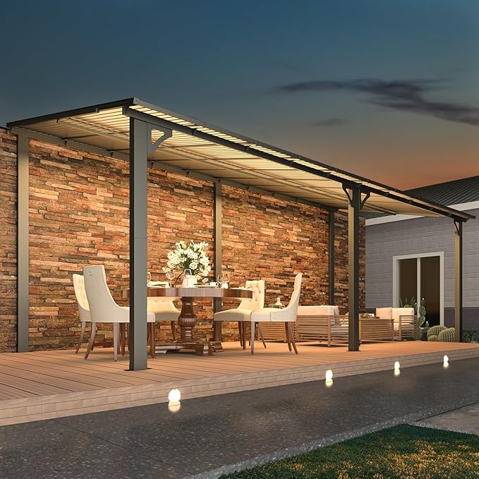 AECOJOY 20' x 8' Outdoor Gazebo for Patio, Large Wall-Mounted Hard Top 8x20 Lean to Metal Gazebo Shelter Pergolas and Gazebos Clearance with Patio Roof, Heavy Duty Awnings for Patio, Decks