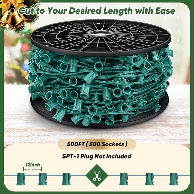 BesLowe Commercial 500 FT C9 Cut to Length Christmas Lights Outdoor, E17 Sockets Stringer Christmas Light Spool, C9 Sockets Patio String Light Strands, 12 Spacing Green Wire