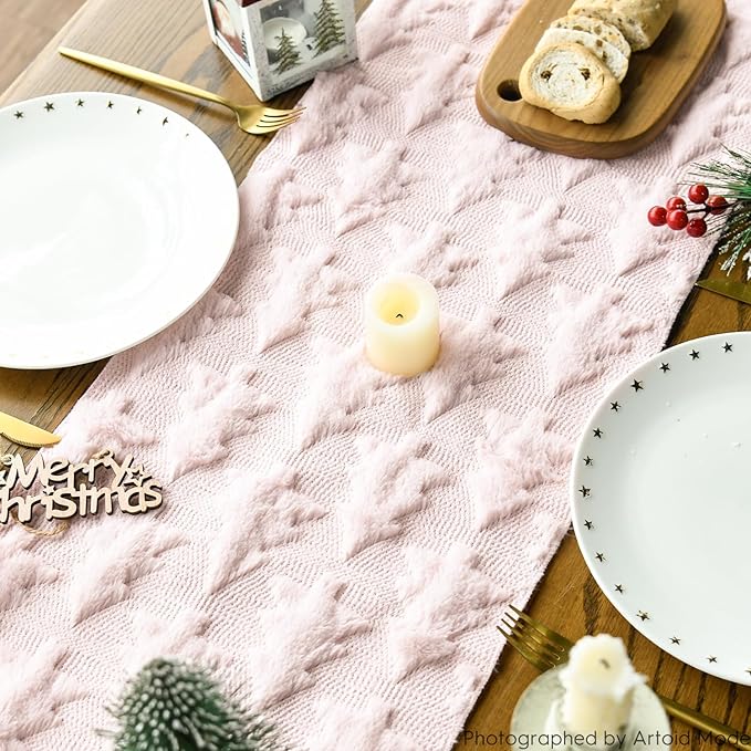 Artoid Mode Christmas Trees Pink Soft Plush Faux Fur Jacquard Christmas Table Runner, Holiday Kitchen Dining Table Decoration for Home Party Decor 13x108 Inch
