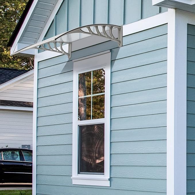 Window Awning Door Canopy Exterior- 38" x 40" Aluminum Door Awning, Polycarbonate Cover Patio Canopy Awning for House, Outside, Rain Snow & UV Resistant (Clear Board & Grey Bracket)