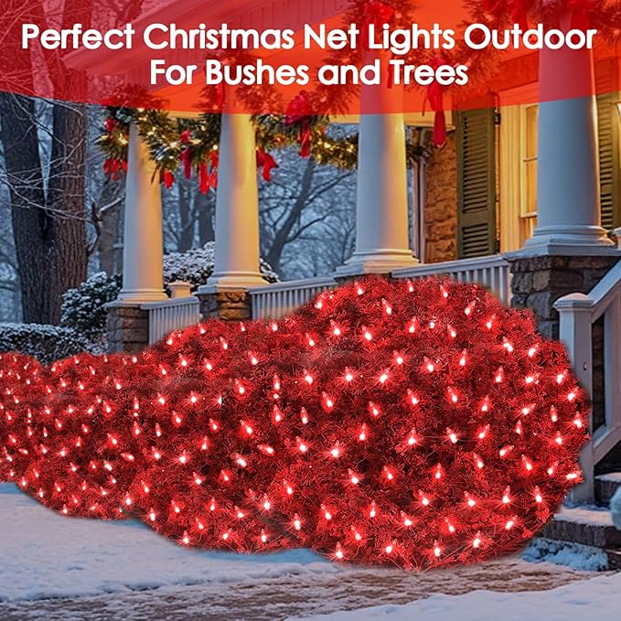 Christmas Net Lights Outdoor for Bushes, 6x5ft 120LED Net Light Outdoor Mesh Lights, Connectable Waterproof Net Light for Bushes,Garden,Yard,Trunk,Xmas Tree,Christmas Décor (Red)