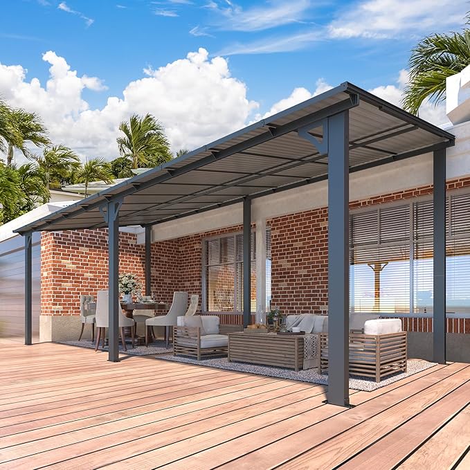 AECOJOY 20' x 8' Outdoor Gazebo for Patio, Large Wall-Mounted Hard Top 8x20 Lean to Metal Gazebo Shelter Pergolas and Gazebos Clearance with Patio Roof, Heavy Duty Awnings for Patio, Decks
