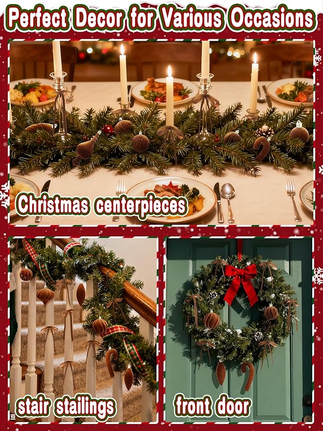 80Pcs Velvet Star Topper & Ornaments for Christmas Tree Decorations - 1 Topper Star, 2 Candy Canes, 27 Flocked Shatterproof Balls and 50 Bows (Brown)