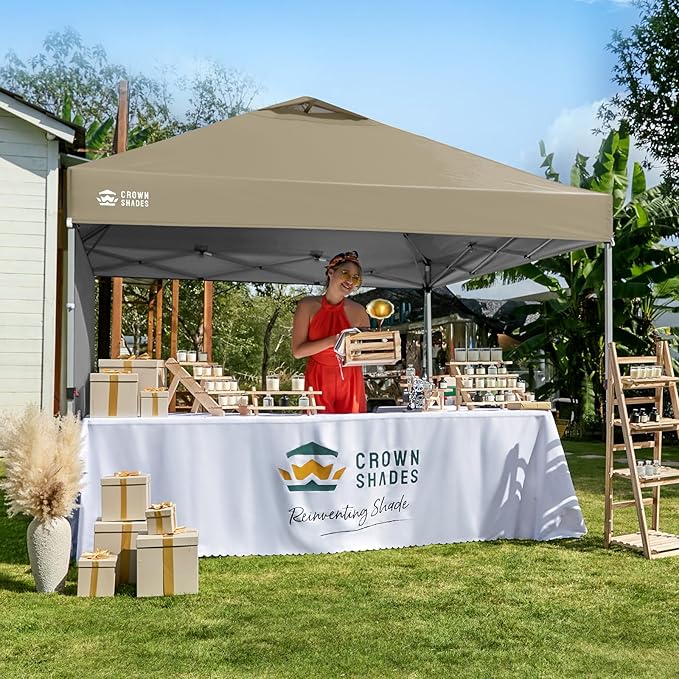 CROWN SHADES 12x12 Pop Up Canopy Tent Instant Commercial with 150D Silver Coated Fabric Including 1 Removable Sidewall, 4 Ropes, 8 Stakes, Weight Bags, STO 'N Go Bag, Beige