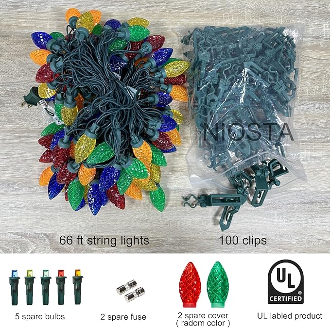 C9 LED Outdoor Christmas Lights,C9 String Lights with Quick Clips,for Xmas House Roof Gutter,Plug in & Connectable,66FT 100 Light,Multicolor
