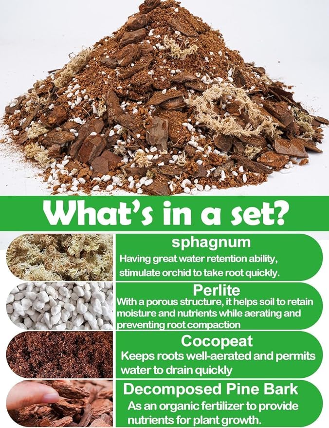 TOYPOPOR Orchid Potting Mix for Repotting (3qts) with Moss Pine Bark Mulch Perlite Stone and Coco Peat Natural Ingredients, Orchid Bark Potting Mix Orchid Repotting Kit Drainage Indoor Potting Medium