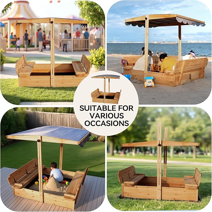 Wooden Sandbox with Lid & Canopy Cover, 48x48 Large Outdoor Sand Box for Kids Ages 4-8, with Foldable Bench Seats, UV-Resistant & Adjustable Height Roof & Bottom Liner