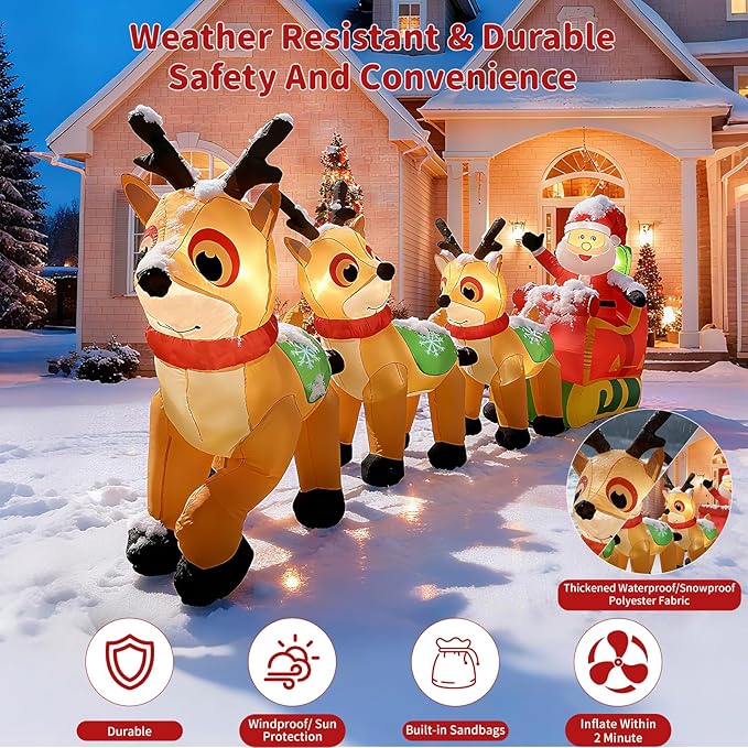 12FT Christmas Inflatables Outdoor Decorations, Santa Claus on Sleigh with 3 Reindeers,Reindeers Pulling Santa's Sleigh with Gift Boxes, Built in LED Lights for Christmas Party Decor, Yard,Garden Lawn
