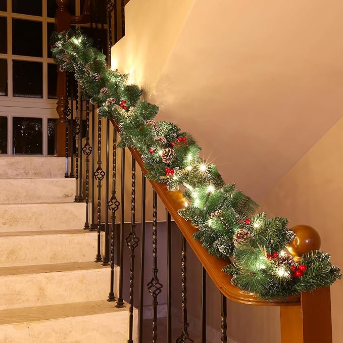 Joyhalo 9ft Christmas Decorations with Lights - Battery Operated Prelit Garland for Mantle, Stairs, Railing, Fireplace