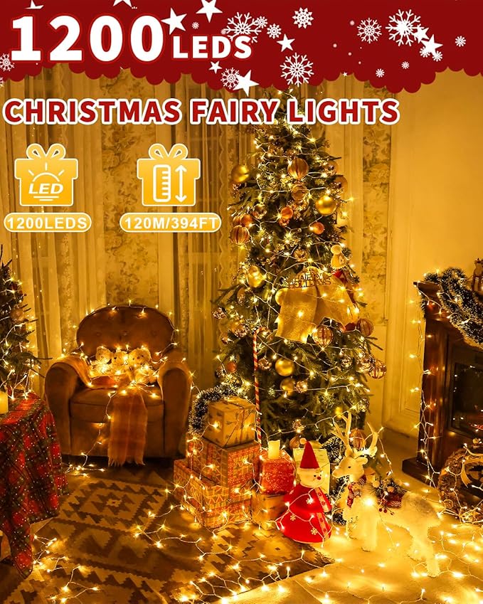 Christmas Lights String Outdoor Indoor, 1200 LED 403FT Warm White Xmas Tree Decorations Lights, Plug in Twinkle Fairy Light with Remote Timer Dimmable for Room Yard Holiday Party Wedding Camping Decor