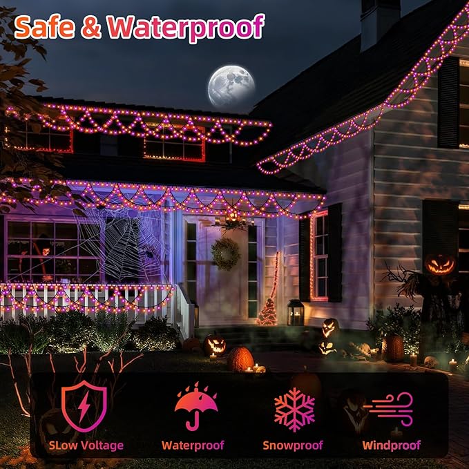 XTF2015 Halloween Lights Outdoor Color Changing 40FT 380 LED Orang Purple Halloween String Lights Extendable 8 Modes, Waterproof Half Round Hallowee n Light for House Roof Eaves Garden Patio