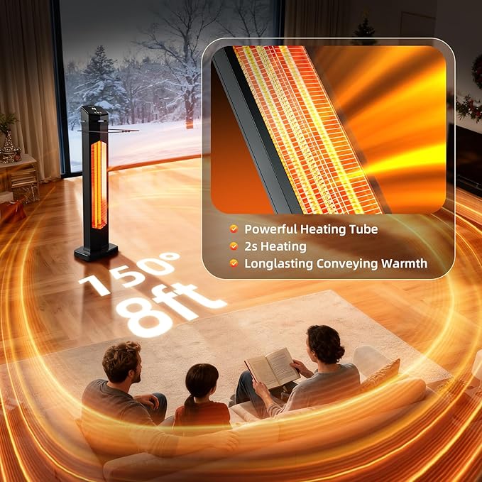 Outdoor Electric Patio Heater, 1500W 36in Infrared Tower Heater with 2 Heat Settings, 12-Hour Timer, IPX5 Waterproof, Tip-Over & Overheat Protection for Garage, Home, and Covered Spaces with Remote