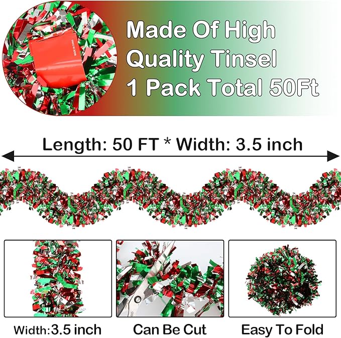 50ft Metallic Tinsel Twist Garland - Christmas Tree Hanging Decorations (Red, Green & Silver) for Indoor & Outdoor Use