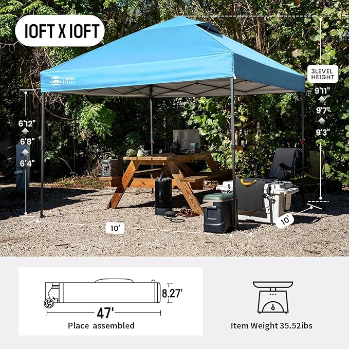 CROWN SHADES 10x10 Pop Up Canopy Tent - Patented Center Lock One Push Instant Outdoor Canopy Beach Tent with STO-N-Go Bag 8 Stakes & 4 Sand Bags，Sky Blue