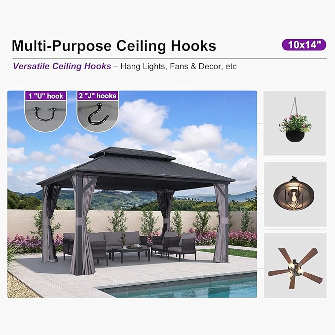 PURPLE LEAF 10' X 14' Outdoor Gazebo with Dual-Layer Galvanized Steel Double Roof for Patio Lawn Garden Aluminum Gazebo with Netting and Curtains Grey