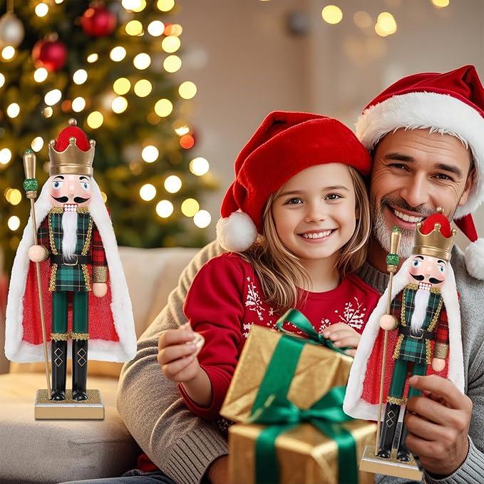 Christmas Nutcracker Decorations Nutcracker Figure 15 Inch Wooden Nutcrackers Collectible Ornament Nutcrackers Soldier for Table Desktop Home Christmas Decor Xmas Indoor Decor Checked clothes Red cape